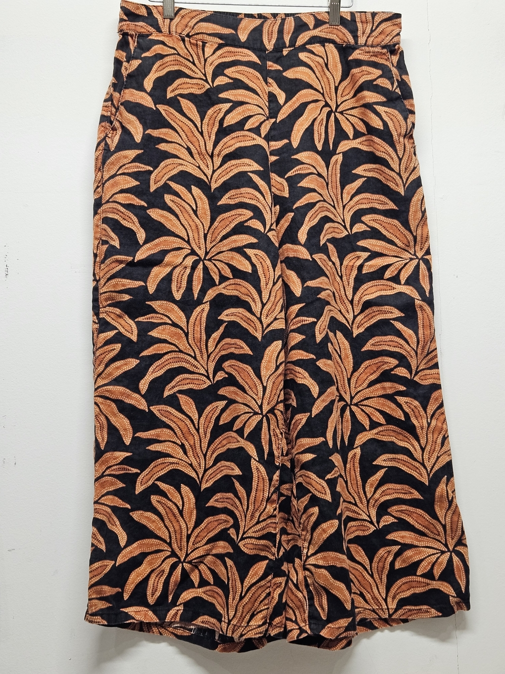 Rachel Zoe 100% Linen Wide Leg Pants Size XL Black Rust Tropical Leaf Print Boho